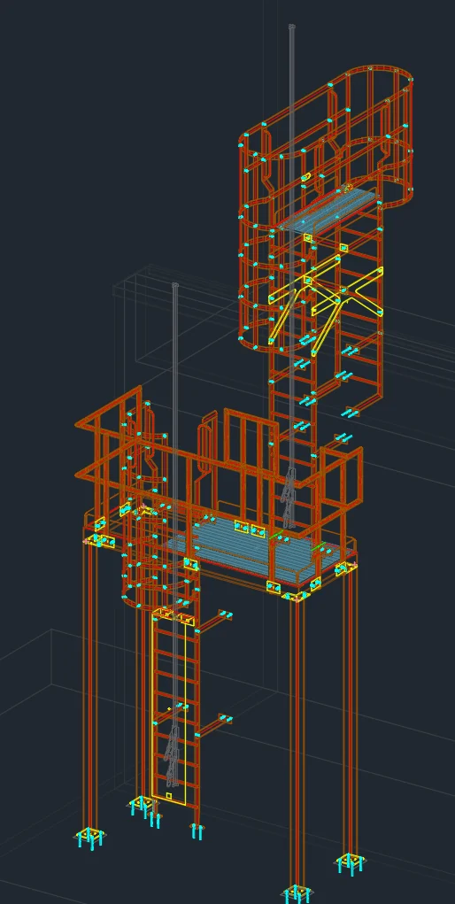 Advance Steel model of an access platform and caged ladder, isometric view