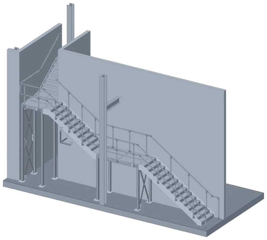 Mezzanine stair, landing and balustrade against a structural wall